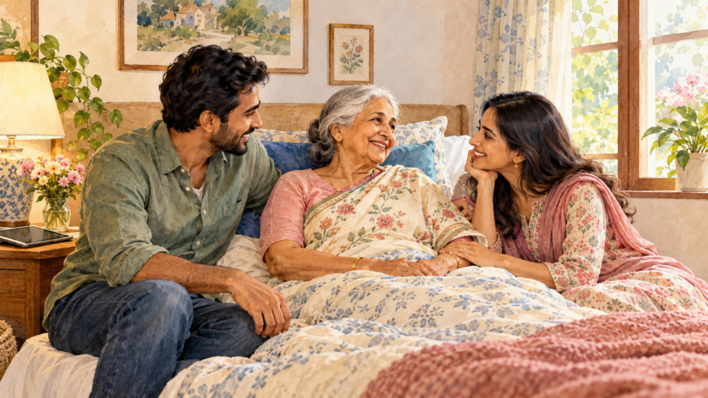 Illustration of an elderly mother smiling and chatting with her adult children beside her bed.