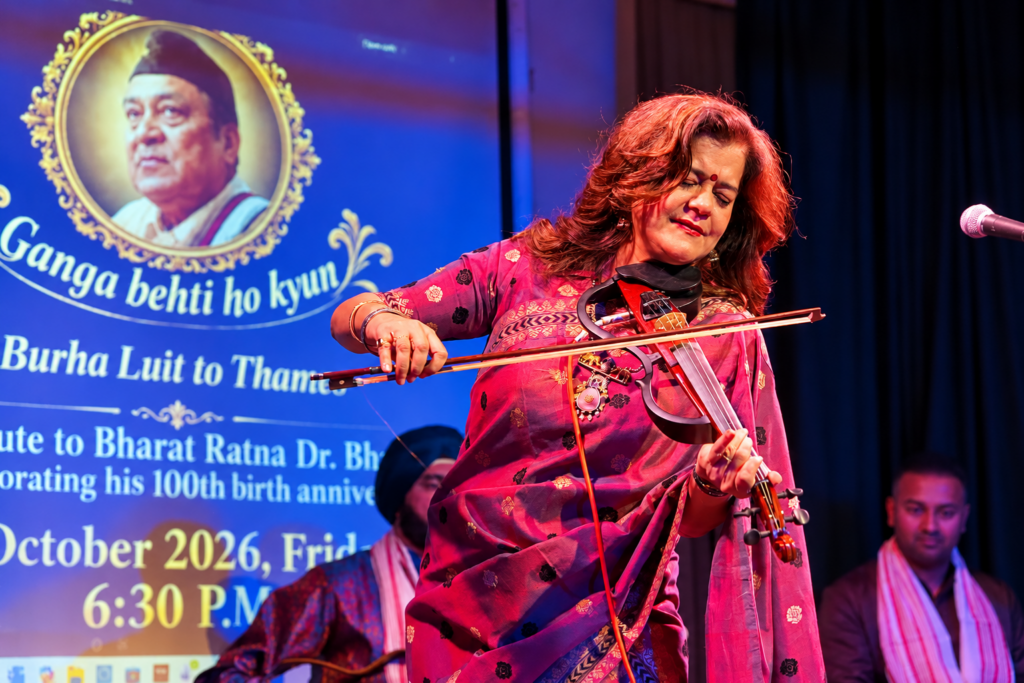Sunita Bhuyan playing the violin at The Nehru Centre in London during a tribute to Dr Bhupen Hazarika